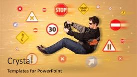  Presentation with road signs - PPT layouts featuring arrows triangles - young driver with road signs background and a  colored foreground