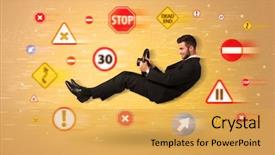  Presentation with road signs - Colorful PPT theme enhanced with arrows triangles - young driver with road signs backdrop and a yellow colored foreground