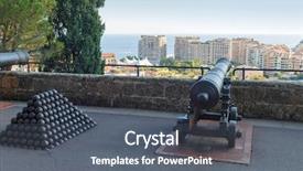  Presentation with backingam palace - PPT theme with arsenal - cannonballs and cannon near palace background and a dark gray colored foreground