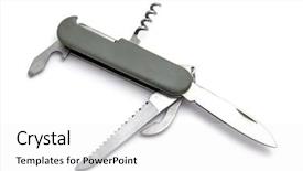  Presentation with multi - Audience pleasing presentation consisting of arsenal - multi-function knife closeup on white backdrop and a white colored foreground