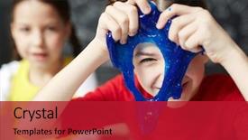  Presentation with art - Presentation design featuring art - happy kid looking through hole background and a crimson colored foreground