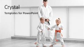  Presentation with karate - PPT layouts with art - little children with instructor practicing background and a light gray colored foreground
