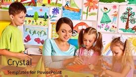  Presentation with happy kids - Amazing presentation design having art class - happy children with scissors backdrop and a coral colored foreground