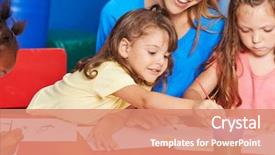  Presentation with elementary school - Amazing PPT theme having child care worker center education - girls painting in art class backdrop and a light gray colored foreground