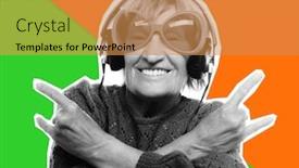  Presentation with old music - Presentation theme enhanced with art collage magazine style funny old lady listening music and showing thumbs up lifestyle concept background and a gold colored foreground