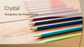  Presentation with color pencils - Theme with art color drawing creativity and object concept - close up of crayons or color pencils on wooden table background and a lemonade colored foreground