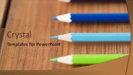  Presentation with color pencils - Cool new presentation theme with art color drawing creativity and object concept - close up of crayons or color pencils on wooden table backdrop and a coral colored foreground