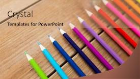  Presentation with color pencils - Slide deck with art color drawing creativity and object concept - close up of crayons or color pencils on wooden table background and a coral colored foreground
