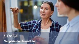  Presentation with students - Cool new slide set with art consulting - aged teacher explaining to one backdrop and a ocean colored foreground