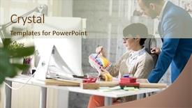  Presentation with female male symbol - Audience pleasing theme consisting of art consulting - female designer with male colleagues backdrop and a soft green colored foreground