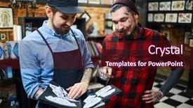  Presentation with lawyer client meeting wearing mask - PPT theme enhanced with art consulting - master of tattoo helping his background and a  colored foreground