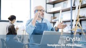  Presentation with mature students sitting at desks - PPT theme enhanced with art consulting - mature bearded man in apron background and a teal colored foreground