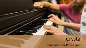  Presentation with music instruments - Cool new slide deck with art consulting - music sale people musical instruments backdrop and a coral colored foreground