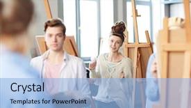  Presentation with millennial students - Cool new presentation with art consulting - one of students of painting backdrop and a light blue colored foreground