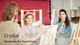  Presentation with girls scouts - Presentation featuring art consulting - two girls listening to their background and a soft green colored foreground