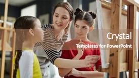  Presentation with listening and communication skills - Colorful presentation theme enhanced with art consulting - two schoolgirls listening to teacher backdrop and a coral colored foreground