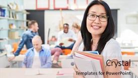  Presentation with asian - Beautiful slide deck featuring art consulting - young asian woman backdrop and a coral colored foreground