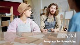  Presentation with one young man exercising handball - Cool new presentation theme with art consulting - young man talking to one backdrop and a coral colored foreground