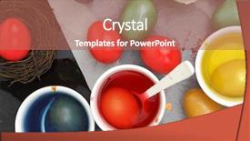  Presentation with dyes - Presentation having art deco green - colored easter eggs and liquid background and a coral colored foreground