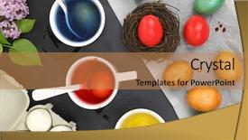  Presentation with dyes - Slides consisting of art deco green - colored easter eggs and liquid background and a coral colored foreground