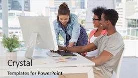  Presentation with desk - Beautiful slides featuring art design - three casual artists working backdrop and a mint green colored foreground