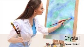  Presentation with work - PPT layouts with art easel - beautiful young woman painter background and a  colored foreground