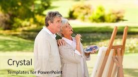  Presentation with active seniors senior couple - PPT theme consisting of art easel - senior couple painting background and a soft green colored foreground
