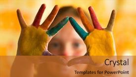  Presentation with kids hand prints paint - PPT layouts with art education - hand painted child little girl background and a gold colored foreground