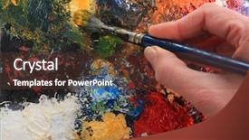  Presentation with abstract art oil painting - Presentation having art exhibition - hand holding a paintbrush background and a tawny brown colored foreground