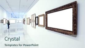  Presentation with exhibition - Slides having art exhibition - unrecognizable people in museum background and a sky blue colored foreground