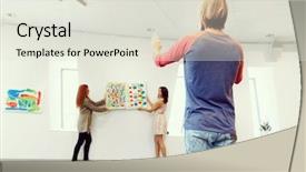  Presentation with art exhibition - Colorful presentation enhanced with art exhibition - young artists in gallery hanging backdrop and a sky blue colored foreground