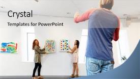  Presentation with art exhibition - Cool new slide deck with art exhibition - young artists in gallery hanging backdrop and a light gray colored foreground