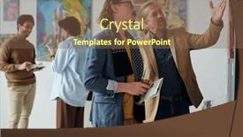  Presentation with art exhibition - PPT theme with art-lovers-discussing-modern-art background and a tawny brown colored foreground