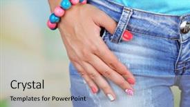  Presentation with nails manicure - Slides enhanced with art manicure - female hand with stylish colorful background and a light gray colored foreground