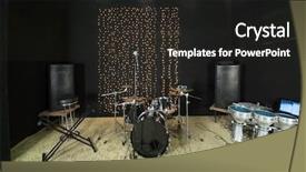  Presentation with microphones - Slide deck enhanced with art music - studio room with drum set background and a dark gray colored foreground