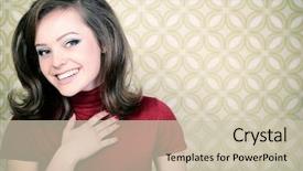  Presentation with vintage art - Colorful presentation theme enhanced with art portrait of young smiling ecstatic woman looking out at camera in room with vintage wallpaper retro stylization 60-70s toned backdrop and a soft green colored foreground