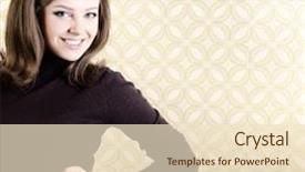  Presentation with 70s - Theme with art portrait of young smiling ecstatic woman looking out at camera in room with vintage wallpaper retro stylization 60-70s toned and noise added background and a lemonade colored foreground