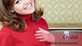  Presentation with 70s - Slide deck consisting of art portrait of young smiling ecstatic woman looking out at camera in room with vintage wallpaper retro stylization 60-70s toned background and a red colored foreground