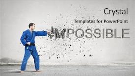  Presentation with karate - Slide set featuring art possibility - young determined karate man breaking background and a light gray colored foreground