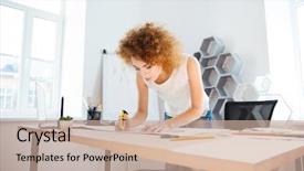  Presentation with woman in labor - Cool new PPT theme with art rulers - serious attractive young woman photographer backdrop and a coral colored foreground