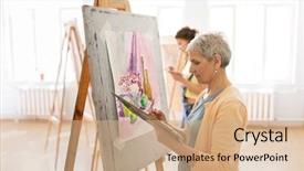  Presentation with creativity - Beautiful presentation theme featuring art school creativity and people backdrop and a coral colored foreground