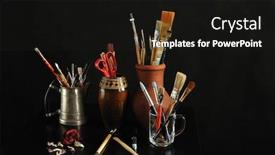  Presentation with polynesia art - Colorful presentation design enhanced with dark statue head - art studio still life backdrop and a black colored foreground