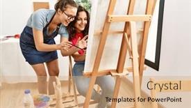  Presentation with paint art - Slide deck featuring art-woman-teacher-smiling-happy background and a coral colored foreground