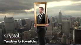  Presentation with frame - Presentation theme consisting of art work - businessman holding frame and ny background and a dark gray colored foreground