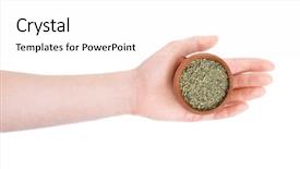  Presentation with hand holding colorful brain sketch - Slide deck consisting of artemisia - hand holding wooden bowl background and a  colored foreground