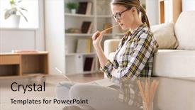  Presentation with article - Presentation theme with articane - serious thoughtful girl with ponytail background and a coral colored foreground