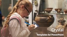  Presentation with school trip - Slides featuring school history - student looking at artifacts background and a tawny brown colored foreground