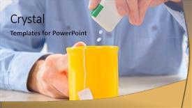  Presentation with sweetener - Slide deck with artificial - sweetener tablets and hand background and a light blue colored foreground