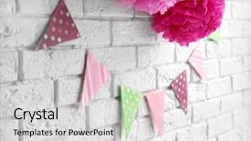  Presentation with white brick wall - Slides having artificial flowers and garland background and a light gray colored foreground
