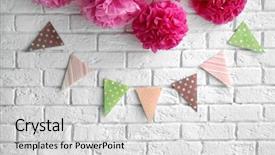  Presentation with white brick wall - PPT layouts enhanced with artificial flowers and garland background and a light gray colored foreground